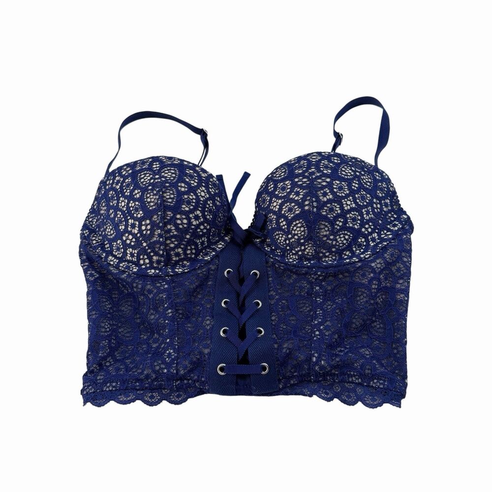 Victoria's Secret Long Line Demi Bustier Bra 32B Blue Lace Padded Push Up Retro